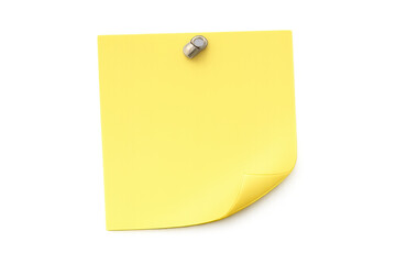 Yellow sticky note paper pinned with a metallic pushpin, ready for reminder, communication, or important message. Transparent background
