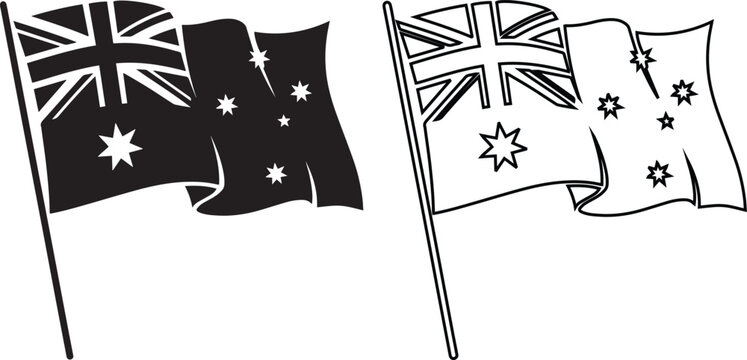 Australia flag vector illustration set featuring black silhouette and outline waving on a pole, ideal for Australian national symbols, patriotism concepts, and travel graphic design elements.