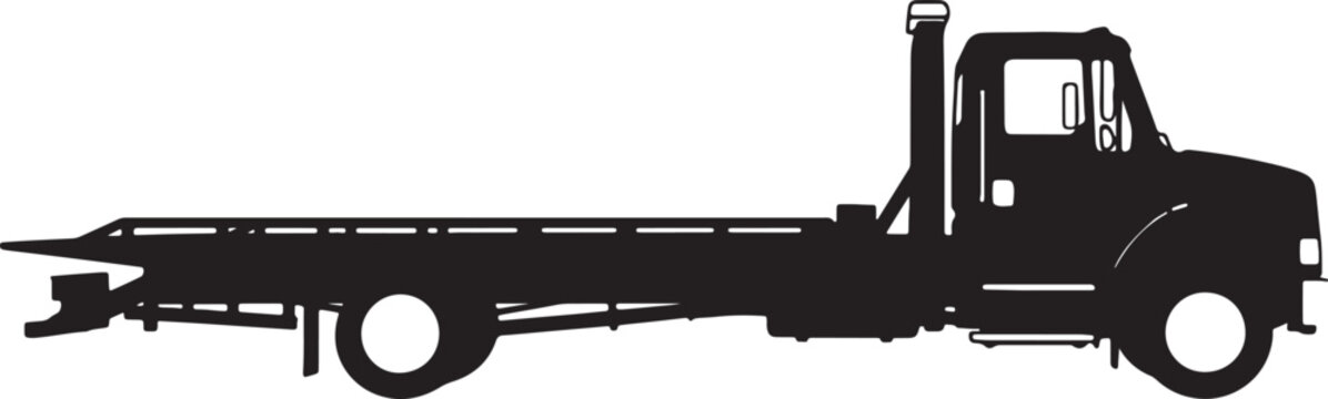 Black and white flatbed truck with a long cargo bed and visible wheels also transparent background vehicle