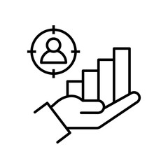 Hand with graph target people, human, person line icon set. Containing business, career, development, economy, finance, goal, growth, investment, management, market, opportunity, performance, planning