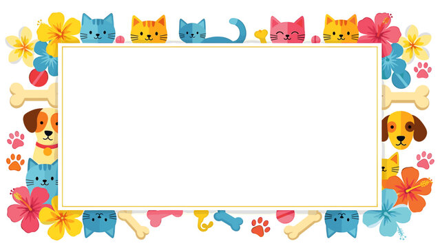 Adorable cartoon pets and vibrant flowers frame a blank rectangular space.