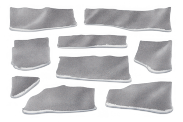 Collection of gray torn paper scraps with realistic ripped edges, white border, ready for adding copy, transparent background