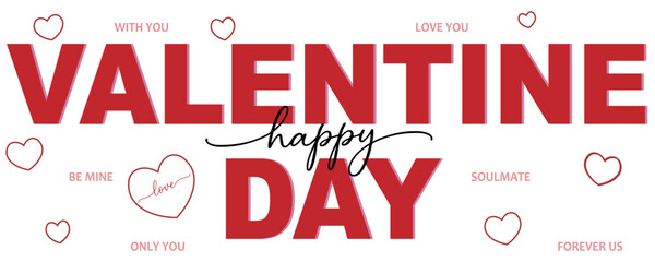 Happy Valentine's Day editable  banner with red bold typography and heart line art on white background © AFRAN-BD