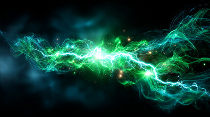 Abstract illustration featuring vibrant green glowing lightning sparks against dark smoky background, powerful electric energy creates dynamic high-voltage effect with intricate fr