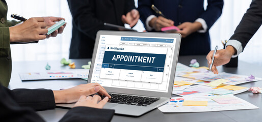 Analyst team use sticky note for creative and analytic brainstorm for business idea with BI data dashboard on laptop screen. Analysis financial data visualization tech for marketing strategy. Prodigy