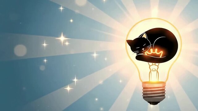 Sleeping black cat inside glowing lightbulb with zzz symbols