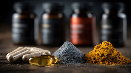 Sports nutrition supplements and chemistry for bodybuilding in gym.