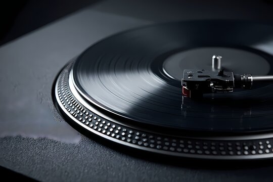 Close up of a vinyl record spinning on a turntable with tonearm and stylus