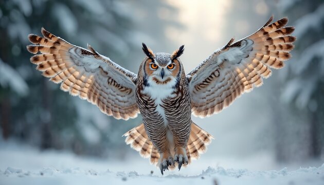 Great horned owl flies over snowy forest floor. Bird of prey with open wings shows detailed feathers and sharp talons. Wildlife hunt in winter wilderness.