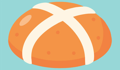 Delicious spiced hot cross bun illustration featuring a white cross on an orange bun with a light blue background perfect for Easter celebrations