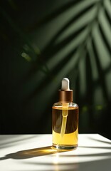 Naklejka premium Glass bottle with pipette dropper holds yellow serum oil for facial skin therapy. Beauty product for self care routine with natural ingredients and healthy glow.