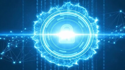 Cybersecurity concept with glowing blue padlock on digital background - Powered by Adobe