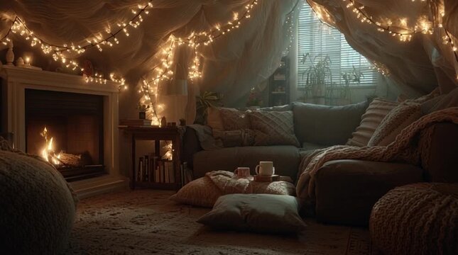 A cozy living room with a fireplace, lit candles, and string lights creating a warm ambiance in the evening.