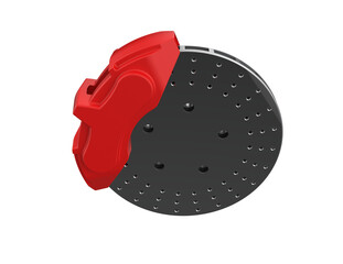 High-Performance Perforated Brake Disc Assembly, featuring a Large Red Caliper 3D Render, fully Isolated on Transparent PNG. Essential Automotive Safety, Racing, and Tuning Upgrade Component Design.