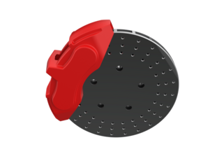 High-Performance Perforated Brake Disc Assembly, featuring a Large Red Caliper 3D Render, fully Isolated on Transparent PNG. Essential Automotive Safety, Racing, and Tuning Upgrade Component Design.