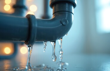 Water drips from dark pipe seam. Blue toned image shows liquid drops falling onto reflective surface, blurry yellow lights in background. Home plumbing issue.
