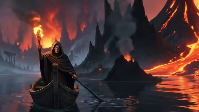 The boatman traveling along the river Styx in search of souls with the eternal fire of the underworld in the background, illuminated by a small torch.