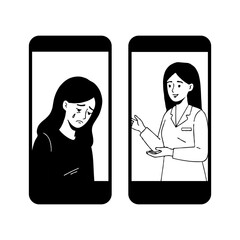 Illustration of a crying woman and female doctor on smartphone screens,, concept of teletherapy support, concept of emotional support and empathy, online therapy