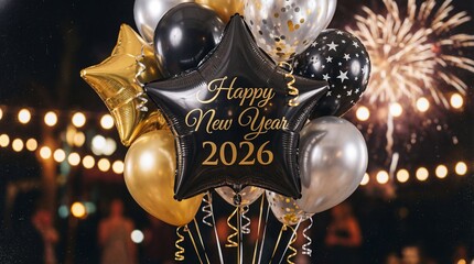 Festive black star-shaped balloon with 'Happy New Year 2026' message surrounded by gold, silver, and black foil balloons for New Year's Eve celebration party background.