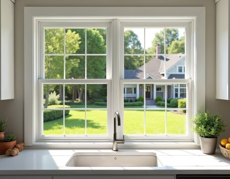 View from clean kitchen sink through white grid windows to green lawn and upscale suburban home. Bright daylight illuminates manicured garden outside. Peaceful indoor setting with plants.