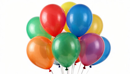 A vibrant collection of colorful balloons floating against a white background, perfect for celebrations