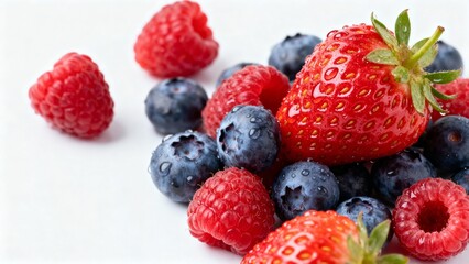 A close-up view of a delightful assortment of fresh berries, including strawberries and blueberries, on a white surface