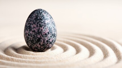 A textured stone egg rests on smooth, rippled sand, creating a tranquil and minimalist composition.