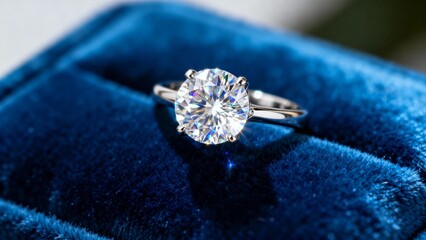 Brilliant round diamond engagement ring sparkling in a luxurious blue velvet box, symbol of eternal love and commitment
