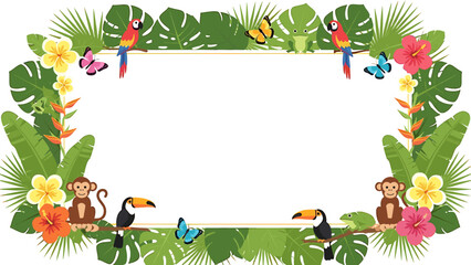 Fototapeta premium Tropical frame with parrots, toucans, monkeys, butterflies, flowers, and leaves arranged around a blank white space.