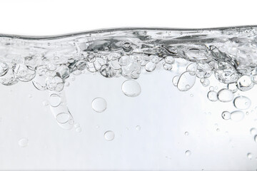 Clear water bubbles forming an abstract liquid texture on a white background, featuring a transparent 
and crystal-clear water surface with a clean, fresh, and calming aesthetic suitable for skincare 