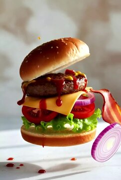 Exploded view of a gourmet bacon cheeseburger with flying ingredients.