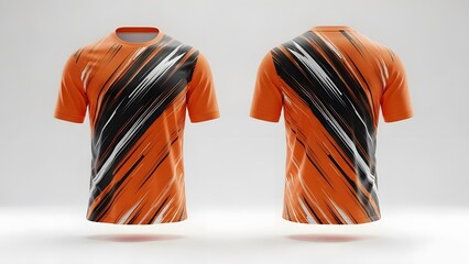 A dynamic sport jersey design mockup, front and back view, featuring abstract orange, black, and white lines. Ideal for sublimation printing, e-sports.