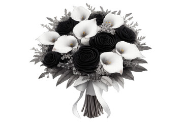 Black roses and white calla lilies bouquet with ribbon, representing elegance, mourning, and a gothic wedding theme on a transparent background