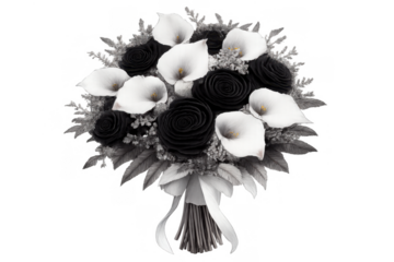 Black roses and white calla lilies bouquet with ribbon, representing elegance, mourning, and a gothic wedding theme on a transparent background