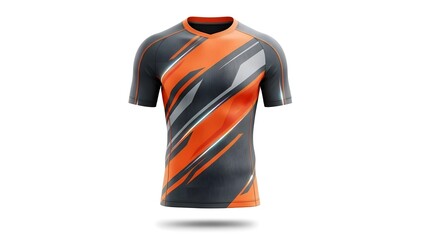 A dynamic sport jersey design mockup, front view, featuring abstract orange, dark grey, and white lines. Ideal for sublimation printing, e-sports, and team appar