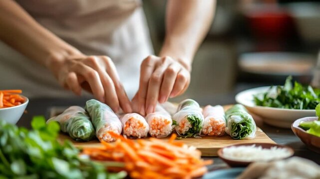 Preparing fresh spring rolls close up food preparation concept