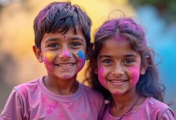 A cheerful Indian boy and girl decorated with colorful powder (gulal) during an outdoor Holi festival celebration