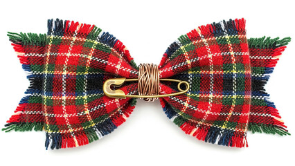 Red tartan plaid bow with safety pin and copper wire isolated on white background