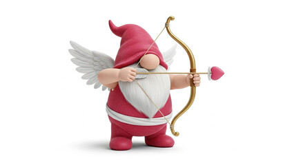 Cute 3D rendered cupid gnome with angel wings aiming a heart arrow isolated on white background