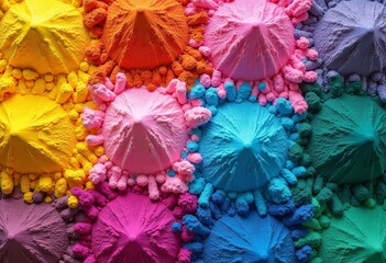A multicolored background, the colors of the Holi festival in pyramids, the beauty of Holi. Red, green, blue, purple, pink, yellow, orange, abeer or gulal, or colored powder. Top view