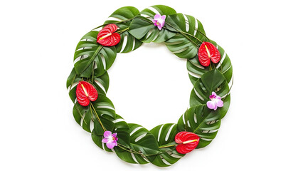 Tropical wreath frame made of monstera leaves, red anthurium and purple orchid flowers isolated on white background