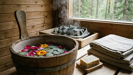 Wooden sauna bucket with flowers and water in a relaxing steam room interior