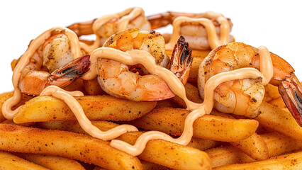 Seasoned french fries topped with grilled shrimp and drizzled with creamy sauce isolated on white background