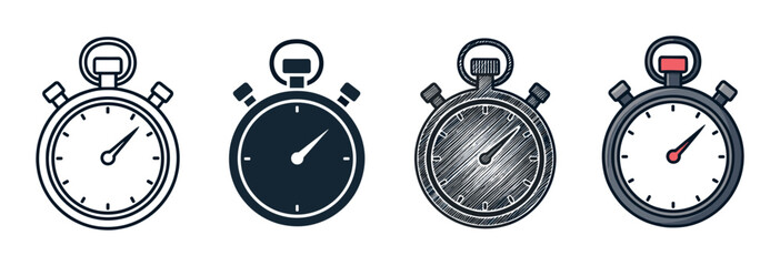 Set of four stopwatch timer icons presented in various artistic styles including outline, silhouette, hand-drawn sketch, and a simple color cartoon illustration for timekeeping concepts