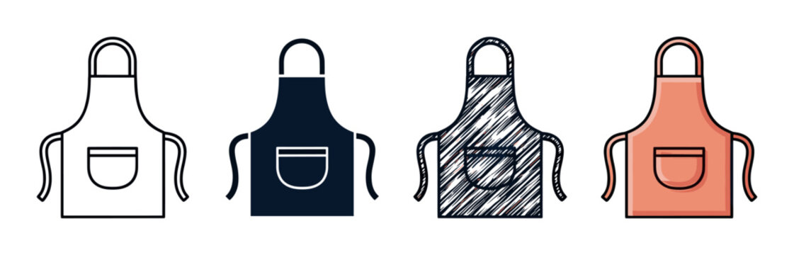 Set of four kitchen apron icons presented in various artistic styles including simple outline, solid silhouette, hand-drawn scribble sketch, and flat color illustration