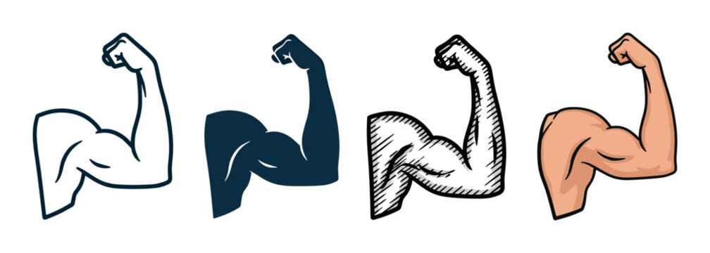 Set of four flexed bicep illustrations in various graphic styles including outline, silhouette, sketch, and cartoon, demonstrating physical strength, power, and fitness