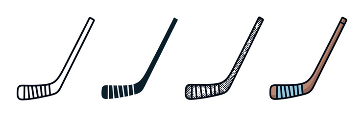 Set of four ice hockey sticks in different artistic styles including line art, silhouette, doodle, and colored cartoon for sports equipment design