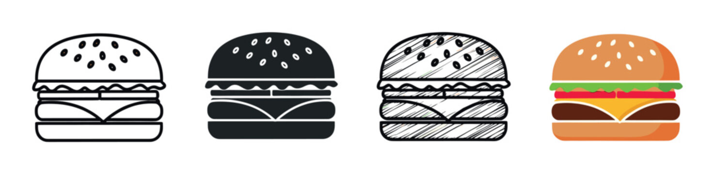 Four hamburger vector illustrations in a row showcasing different graphic design styles including outline, silhouette, hand-drawn sketch, and flat color