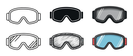 Set of six ski and snowboard goggles presented in various artistic styles including outline, silhouette, colored cartoon, and a hand-drawn sketch for winter sports equipment