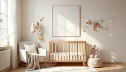 Minimalist baby room with crib chair and hanging toys. Neutral toned nursery decor features wooden accents, soft textiles, and blank wall art space. Cozy interior for infant.
